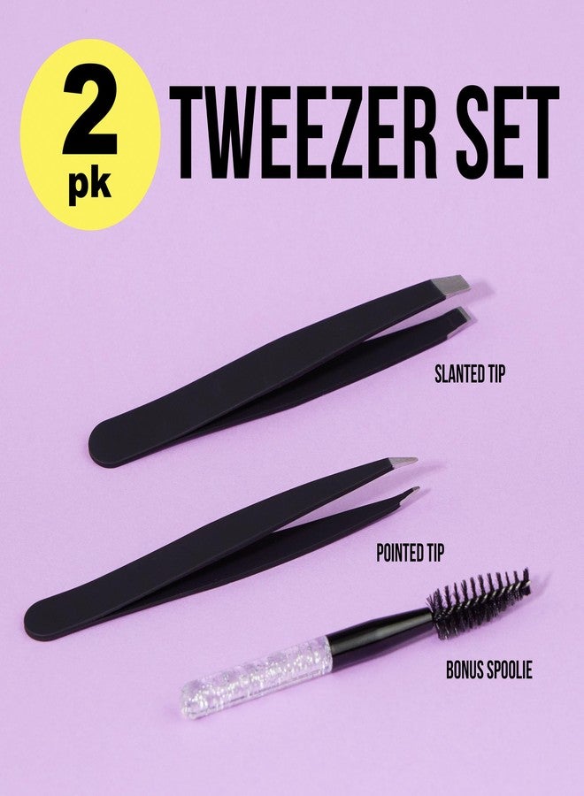 فور ايفر 21 مجموعة ملاقط سوداء من 3 قطع مع فرشاة لامعة - ملاقط لإزالة الشعر، مجموعة ملاقط بزاوية ومدببة، ملاقط دقيقة ومجموعة فرشاة للرموش - Image 2